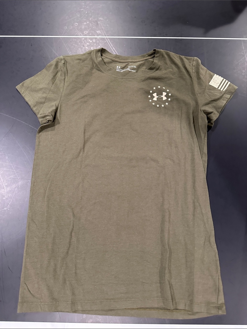 Under Armour Women's Olive Green Short Sleeve Logo Tee with Flag Accent
